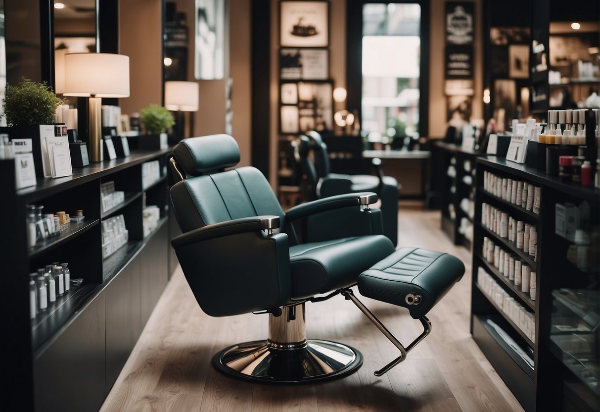 A salon chair with soft rebonding products displayed, surrounded by promotional posters and a price list