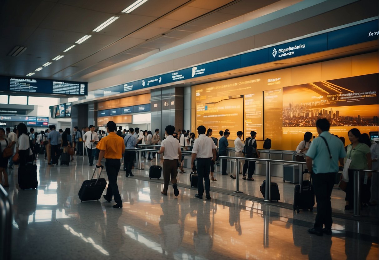 A bustling airport terminal with a prominent Singapore Airlines promotion display, surrounded by curious travelers and busy airline staff