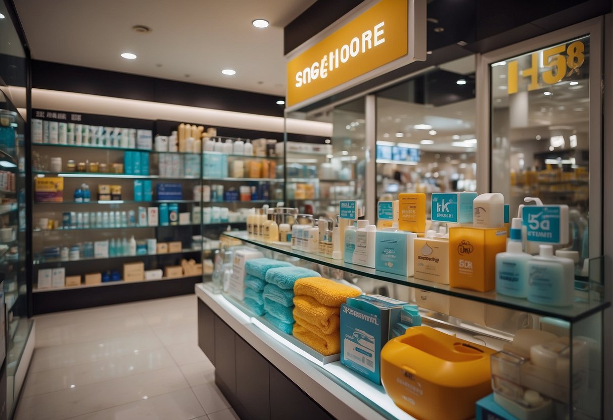 A display of bathroom accessories with promotional signs in a Singaporean store