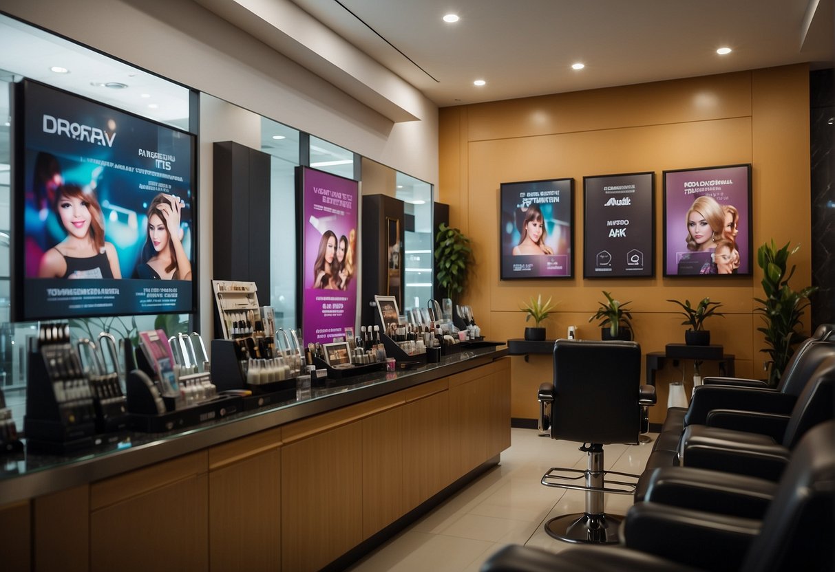 A hair salon in Singapore offers promotions, with colorful posters and signs displayed. Customers chat with stylists and examine product displays