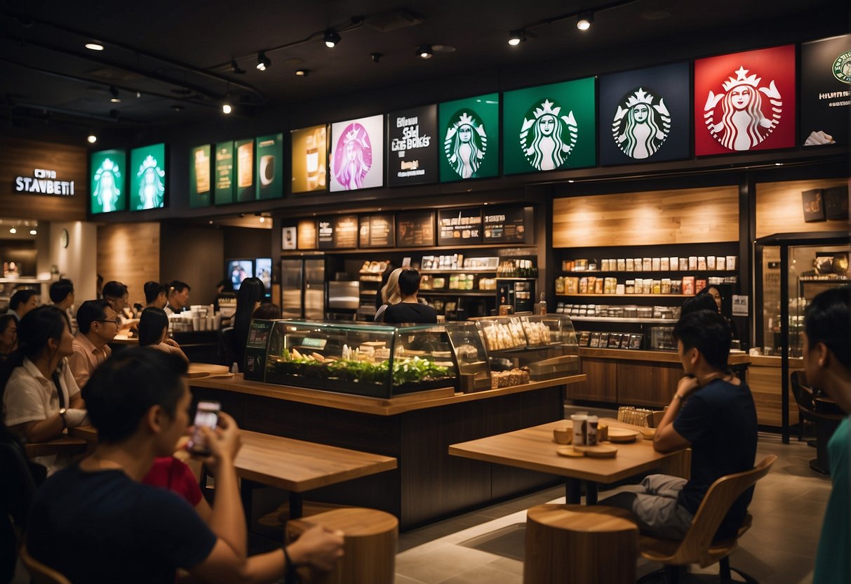 A crowded Starbucks store in Singapore with colorful promotional posters and banners displayed throughout the store. Customers are seen enjoying their drinks and snacks