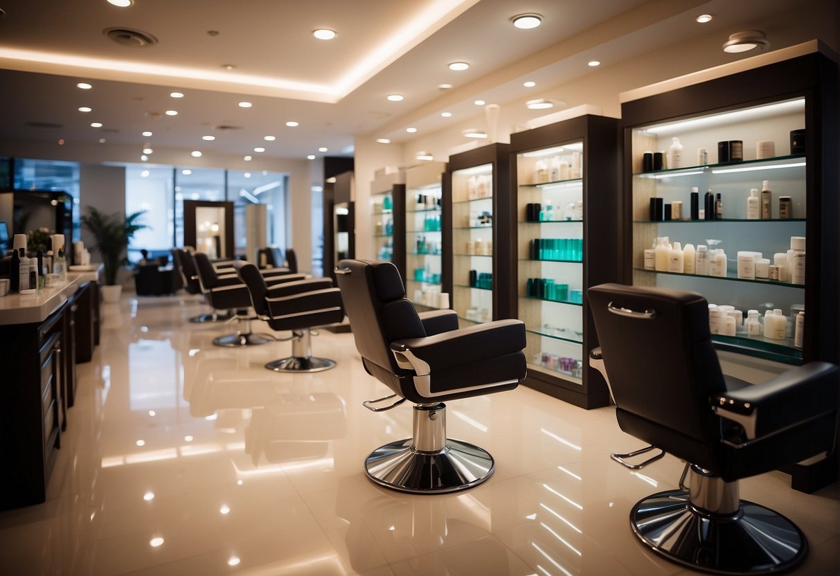 A salon with soft lighting, comfortable chairs, and shelves stocked with beauty products. A sign prominently displays "Current Promotions in Beauty and Wellness - Soft Rebonding Promotions Singapore."