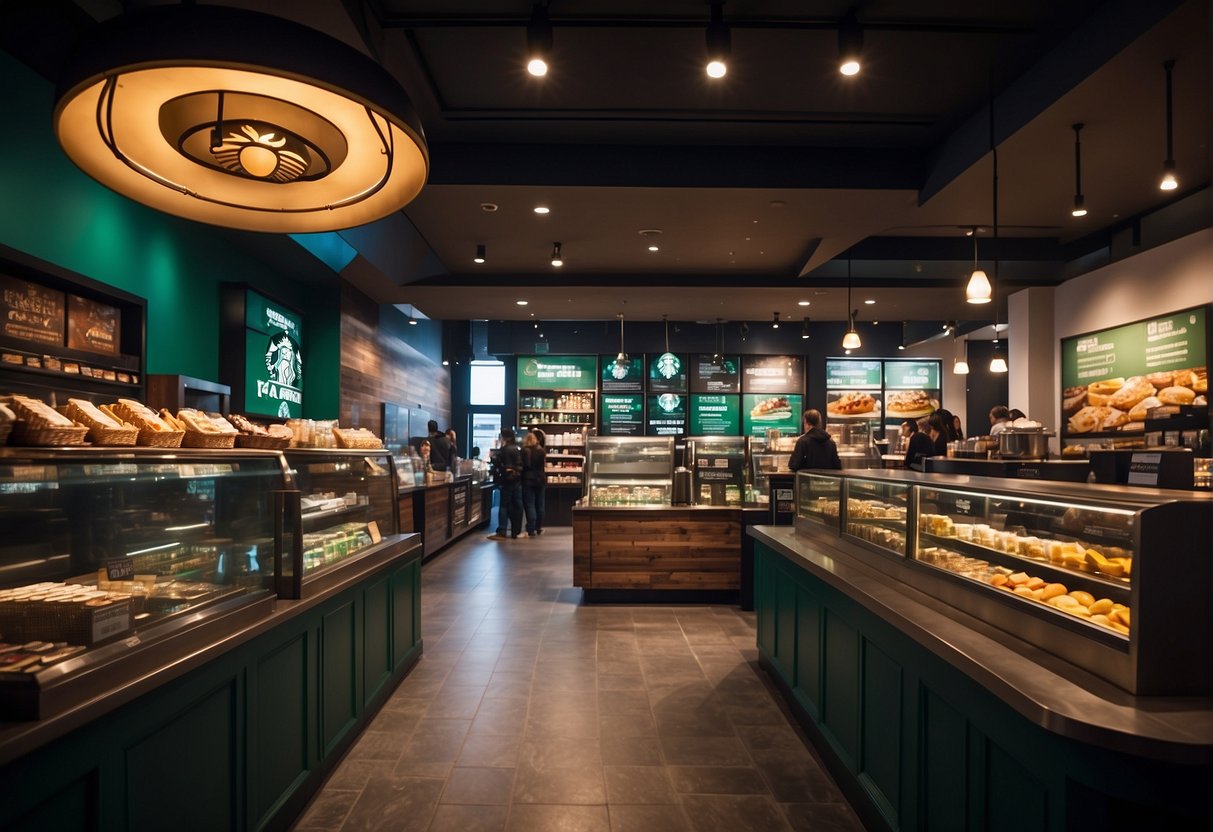 A vibrant Starbucks storefront with eye-catching promotional posters and a bustling crowd of customers enjoying their coffee