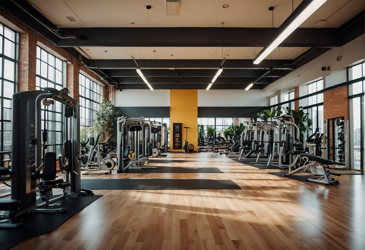 A vibrant gym with promotional banners, fitness equipment, and lifestyle imagery