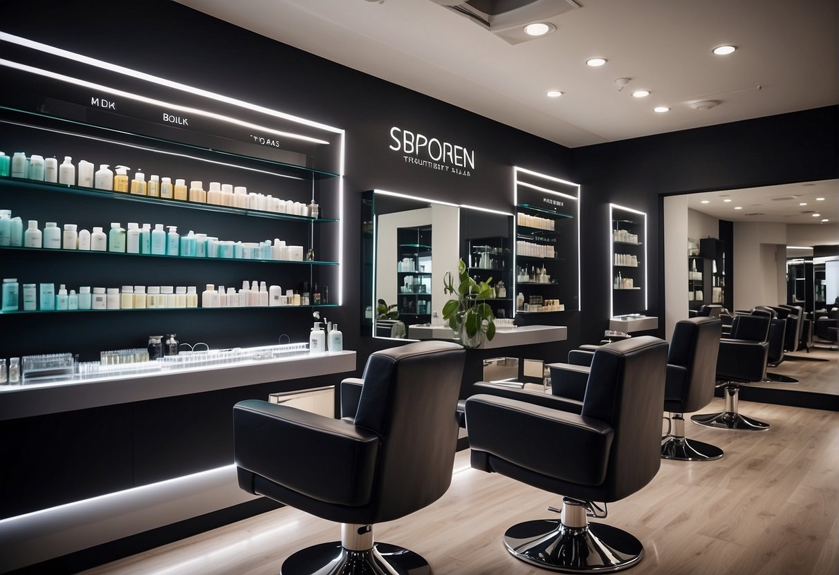 A stylish salon with sleek, modern decor. Brightly lit shelves display hair products. A banner advertises exclusive 2024 hair treatment promotions