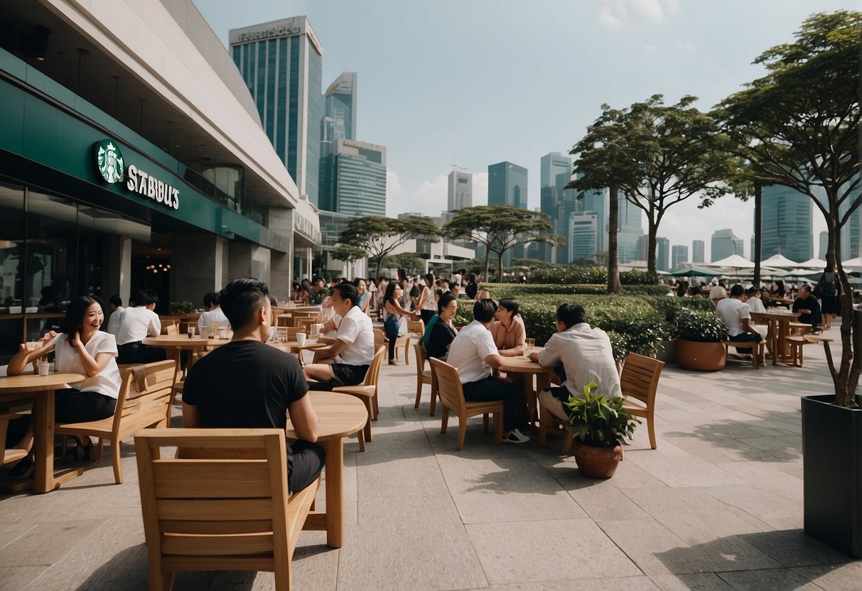 People enjoying Starbucks promotions near Bayfront attractions in Singapore