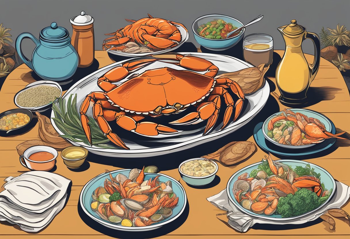 A table set with a steaming bag of crab, surrounded by colorful seafood dishes and a menu highlighting the restaurant's specialties
