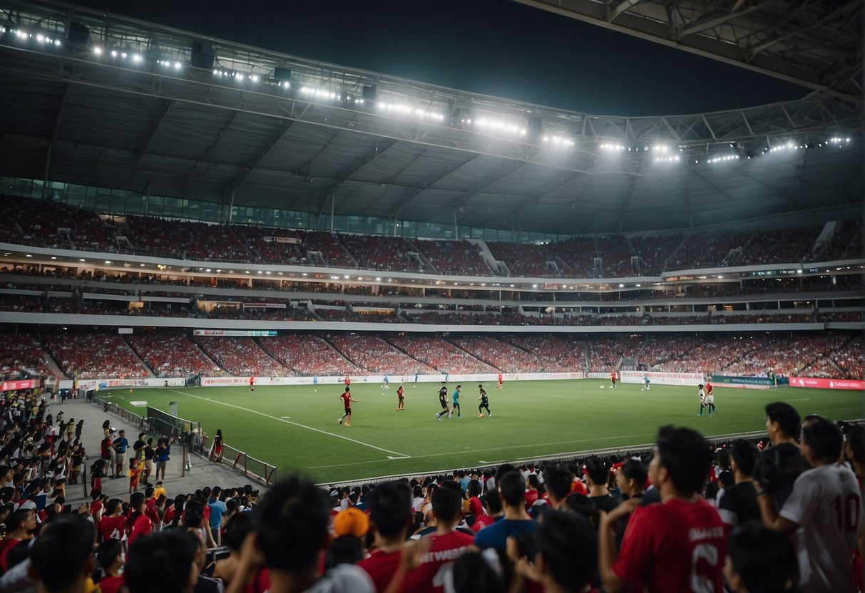 Athletic equipment and banners fill a bustling stadium in Singapore. Fans cheer as athletes compete in various sports