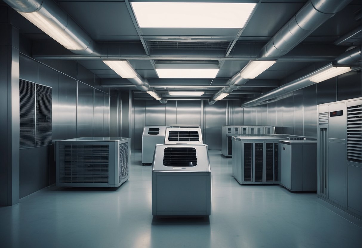 A room with HVAC ductwork and vents, showing airflow patterns and ventilation considerations