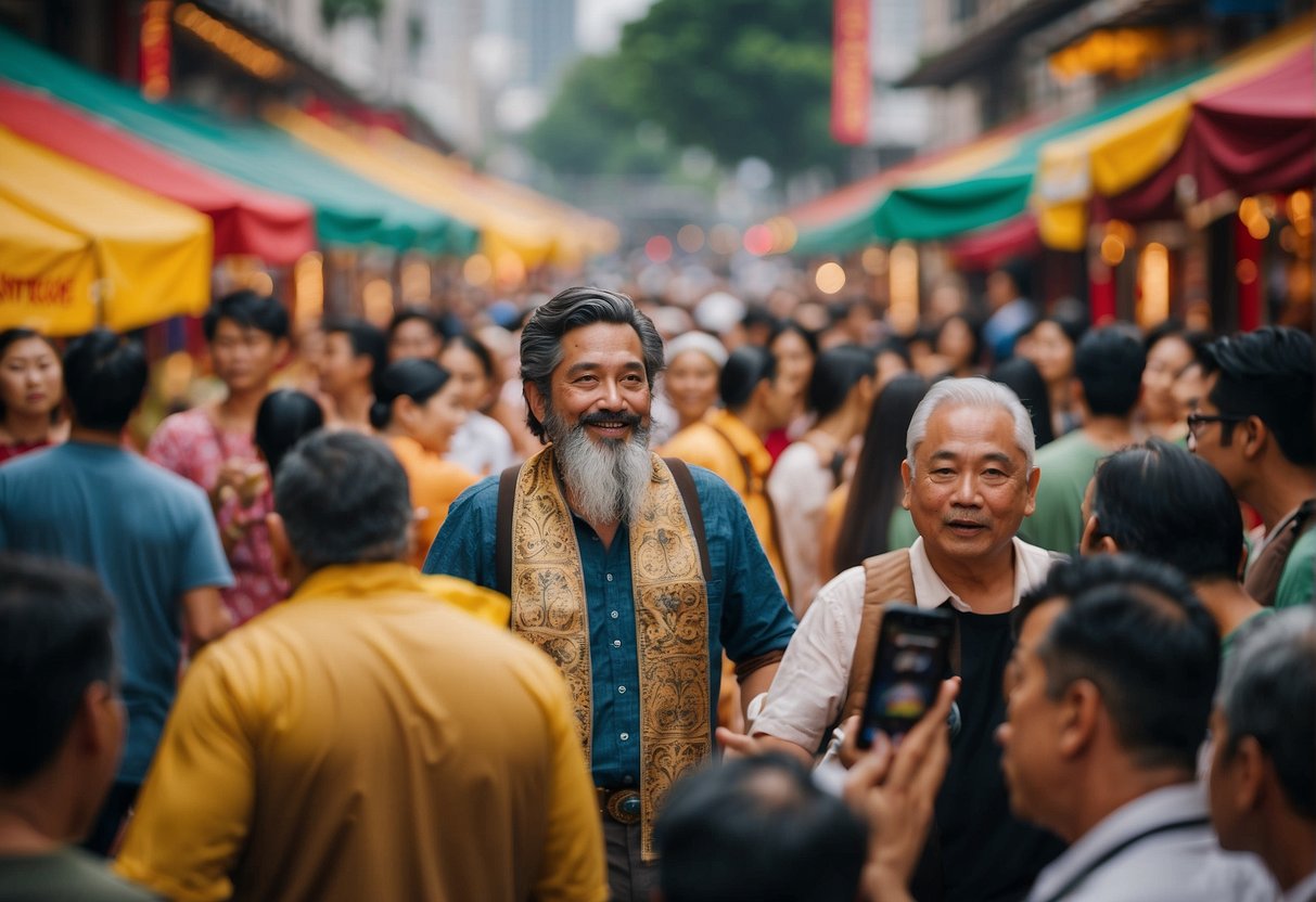 A bustling marketplace with colorful banners promoting ongoing contests and events, featuring the iconic Sheriff of Nottingham cards. Promotions are in full swing in the vibrant city of Singapore
