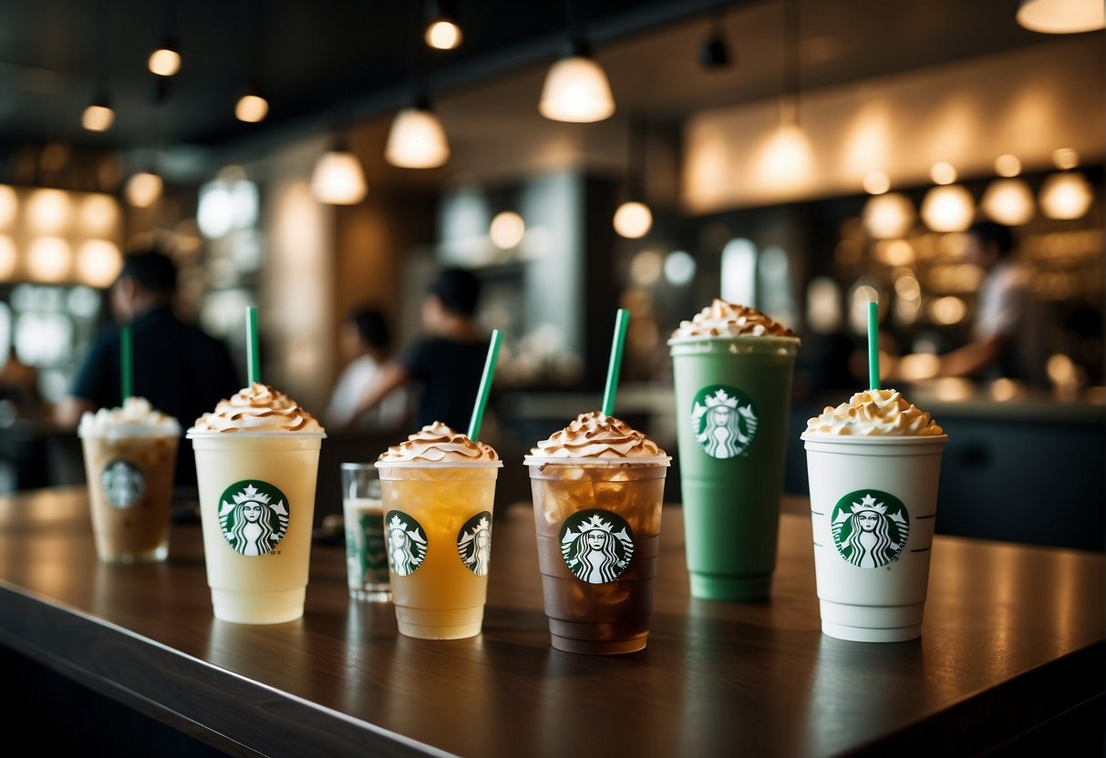 A bustling Starbucks store in Singapore with promotional posters and customers enjoying their drinks