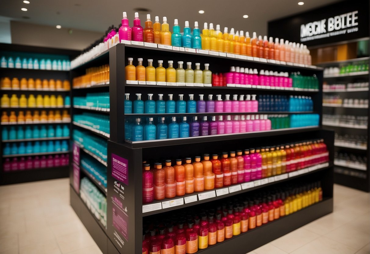 Vibrant hair dye bottles displayed on salon shelves, with colorful swatches and promotional signs, creating a lively and eye-catching scene for the Hair Colour Extravaganza salon promotions in Singapore