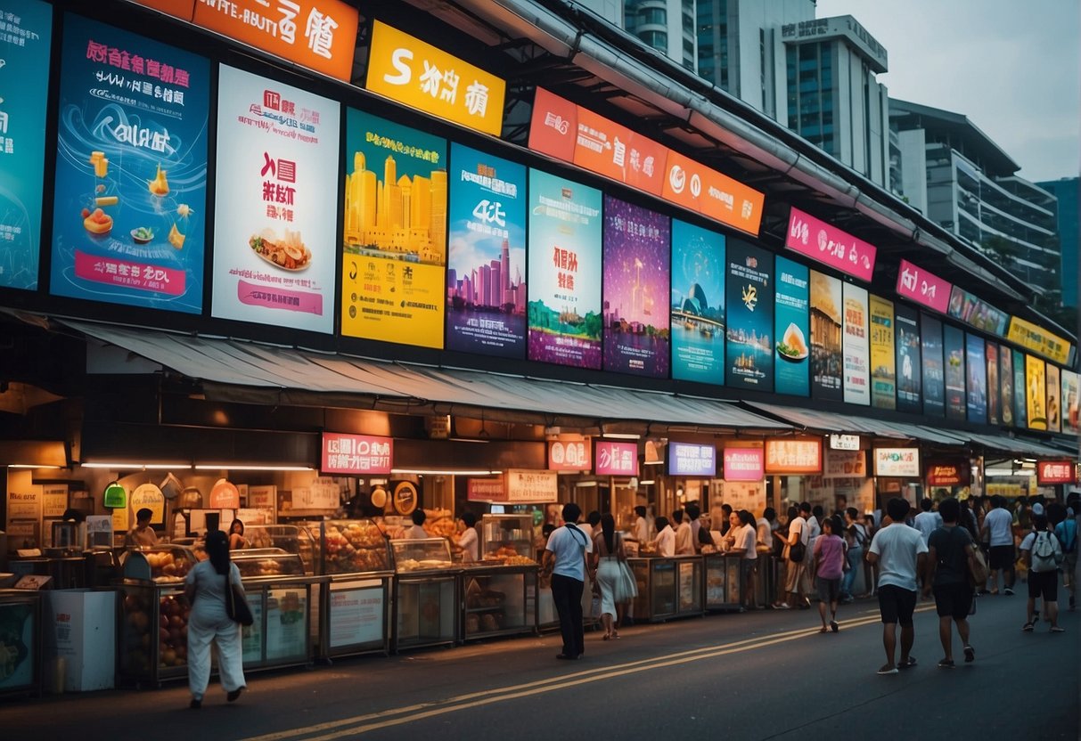 Colorful banners and signs line the bustling streets of Singapore, advertising various attractions and promotions to entice tourists and locals alike