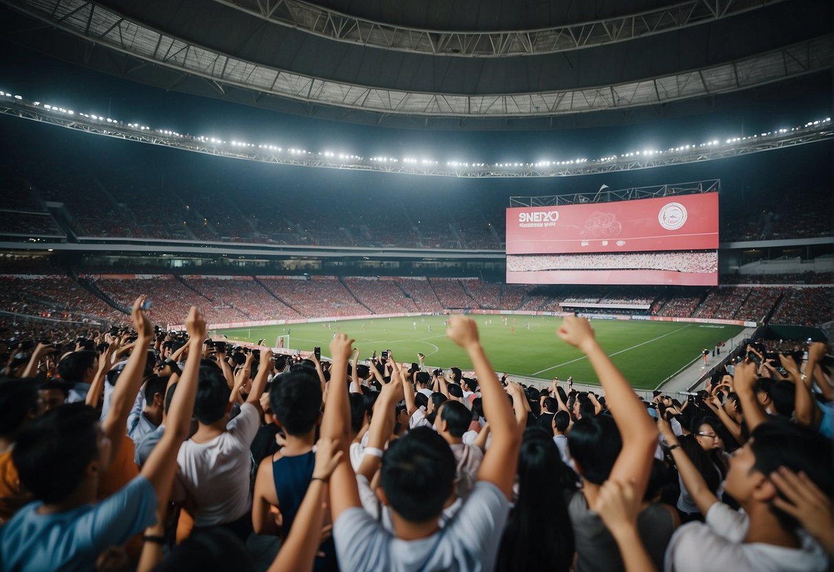 A crowd cheers at a stadium with banners promoting sports events in Singapore