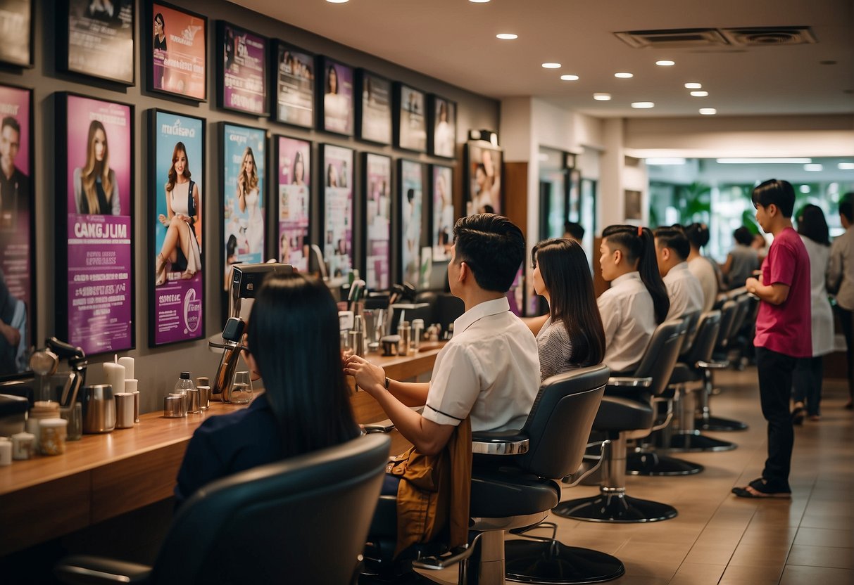 A bustling hair salon in Singapore, with colorful promotional posters adorning the walls and clients eagerly inquiring about the latest deals and offers
