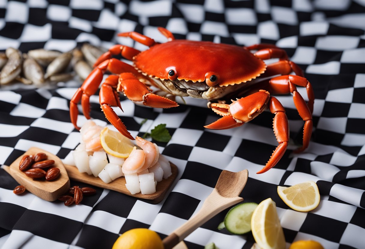 A red crab holding a wooden mallet dances on a checkered tablecloth surrounded by seafood and condiments