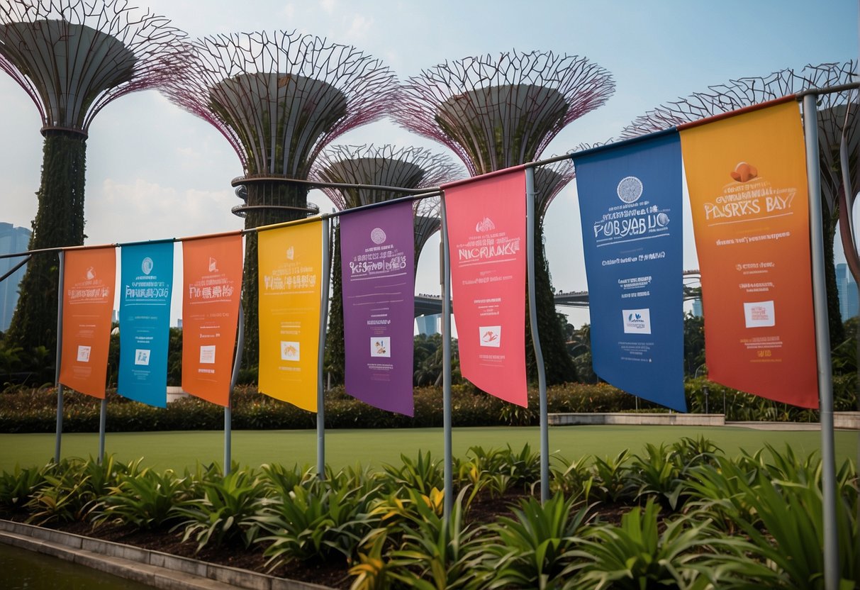 Colorful banners adorn Gardens by the Bay, showcasing the latest promotions for its attractions in Singapore. The vibrant display catches the eye of passersby, drawing them in to discover more