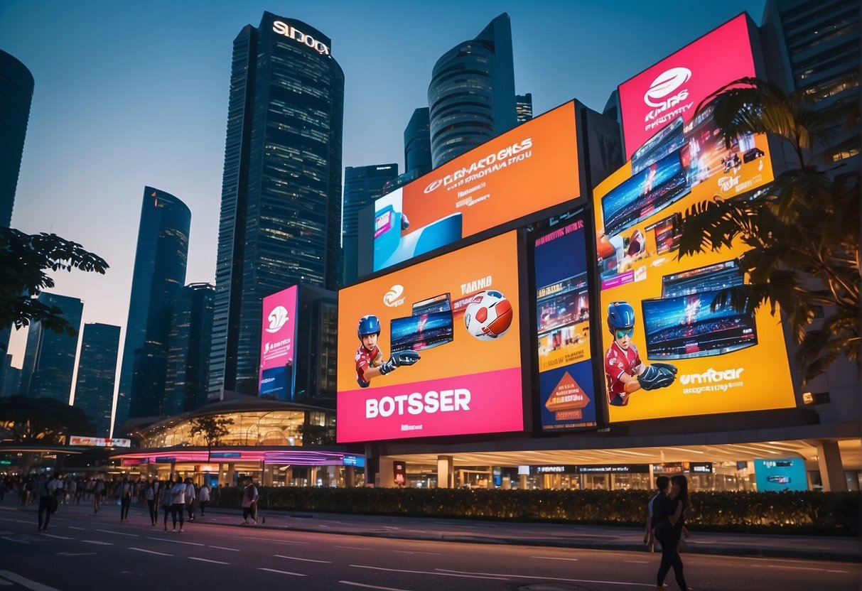 A vibrant cityscape with illuminated billboards advertising sports promotions in Singapore