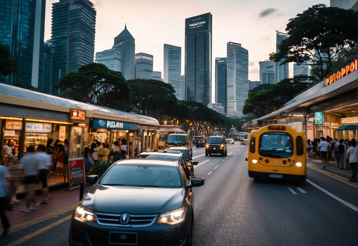 A bustling city scene with signs for attractions, transport info, and promotions in Singapore