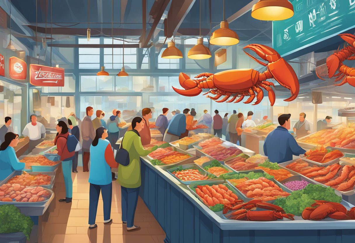 A bustling seafood market with vibrant signs and bustling customers, showcasing Chunky Lobsters' various dishes and lively atmosphere