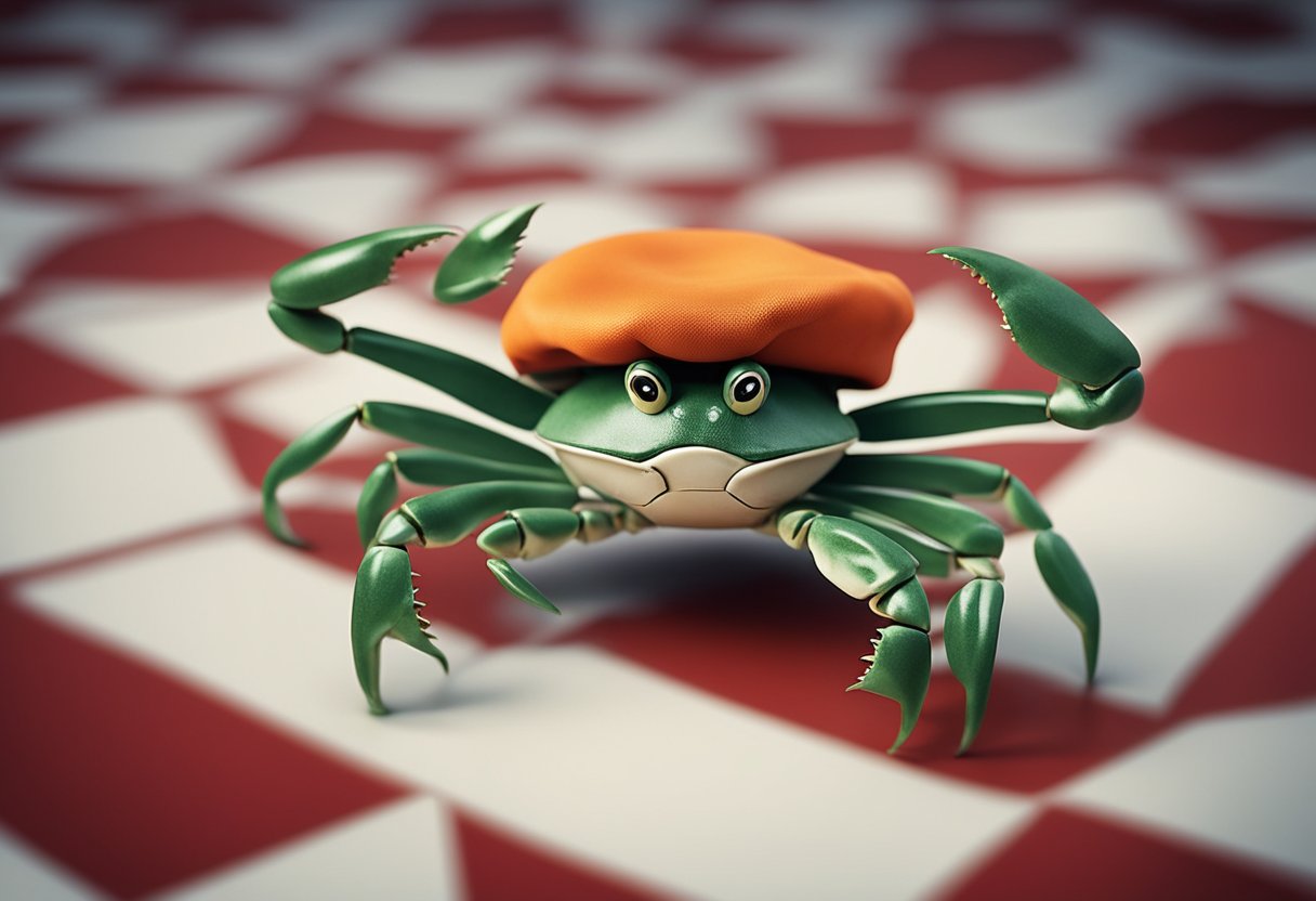 A crab with a chef's hat surrounded by question marks, dancing on a checkered floor