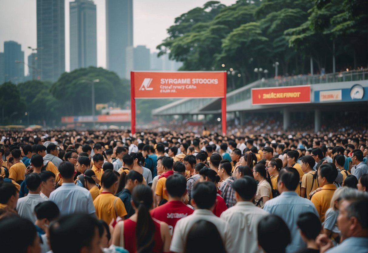 A crowd of people at a sports event in Singapore, with promotional banners and signs visible