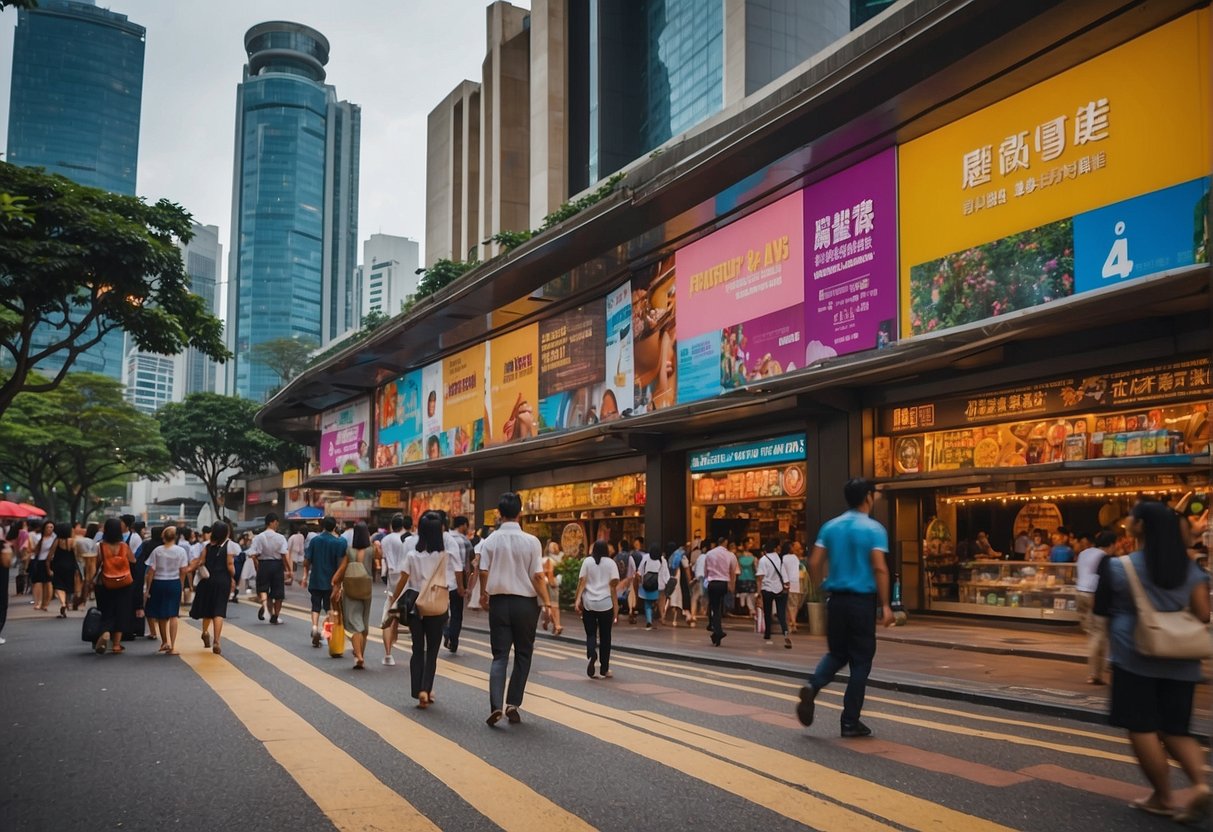A bustling street in Singapore, with colorful signs advertising "Frequently Asked Questions" attractions and promotions. Pedestrians walk by, intrigued by the vibrant displays