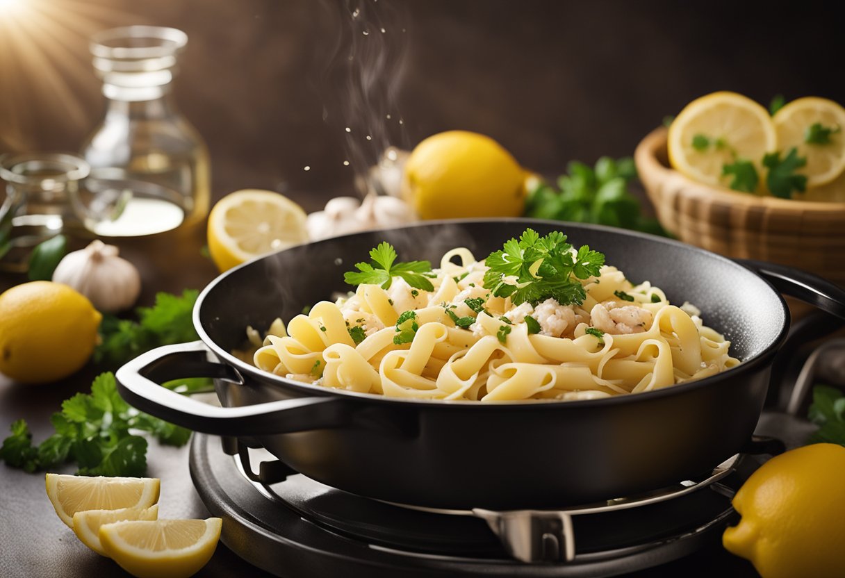 A pot of boiling water with pasta, a skillet with crab meat, garlic, and olive oil, a sprinkle of parsley, and a dash of lemon juice