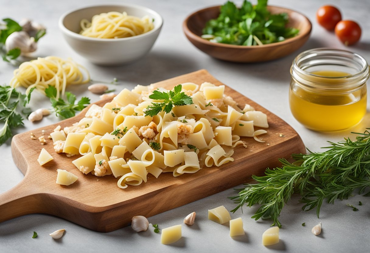 A cutting board with fresh crab meat, pasta, garlic, and herbs laid out, ready to be prepared for a delicious crab meat pasta recipe