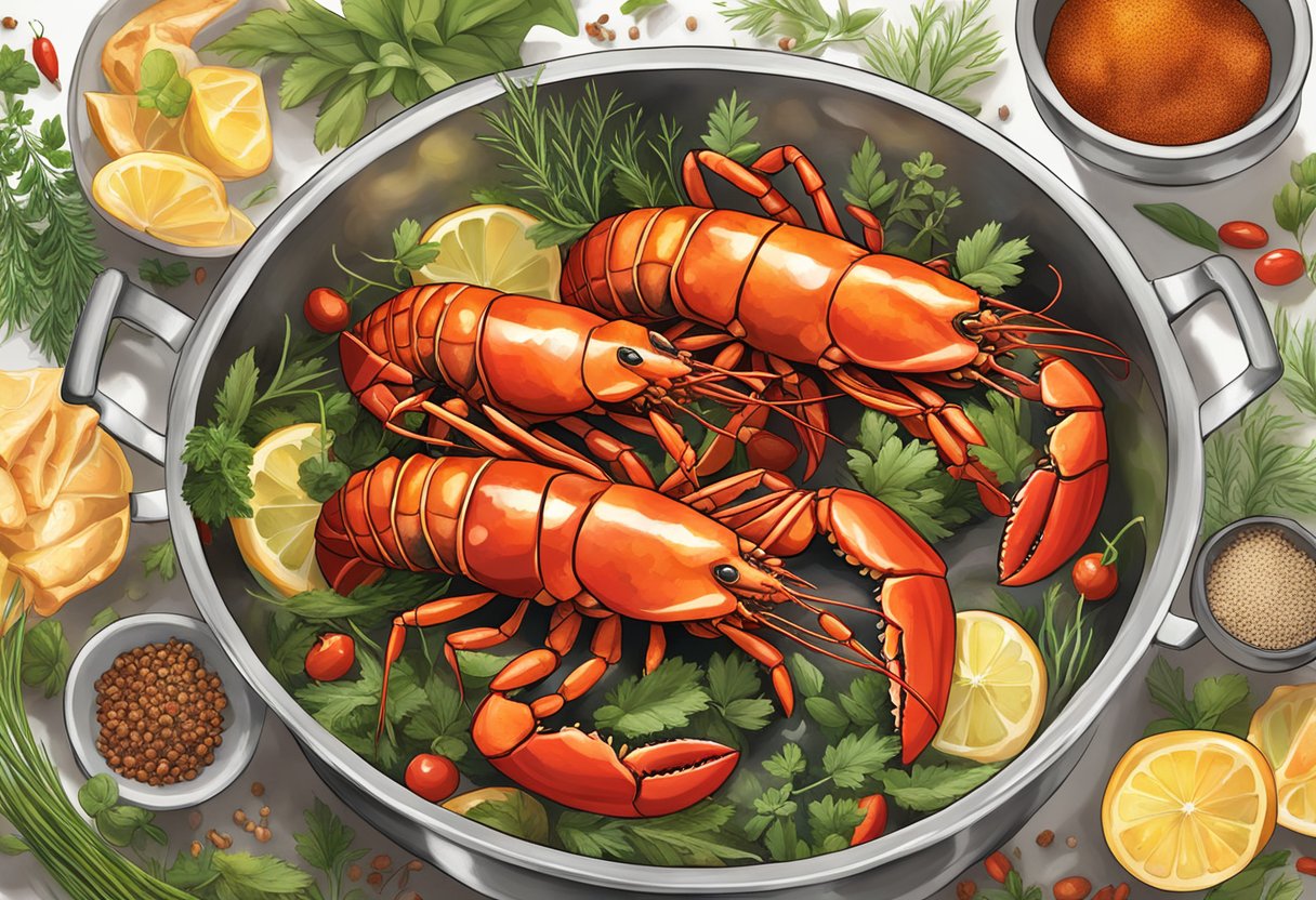 A steaming pot of chunky lobsters surrounded by vibrant herbs and spices