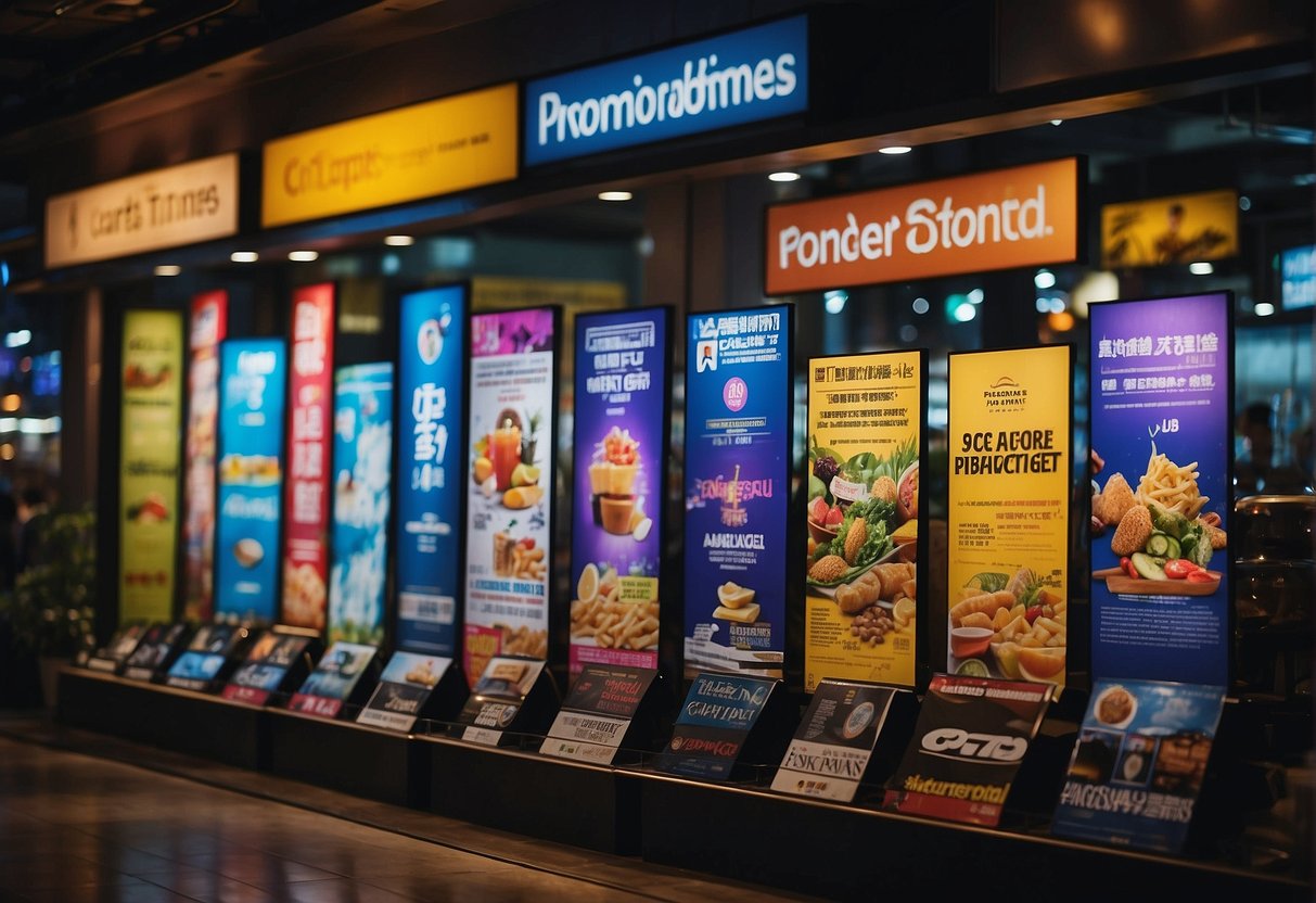 A colorful display of promotional banners and signs from the Straits Times in Singapore