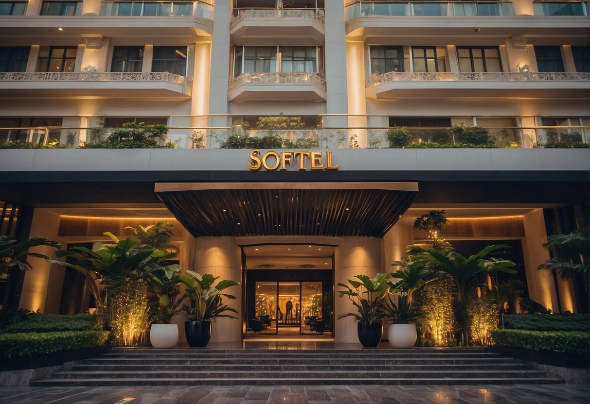 The Sofitel hotel in Singapore features elegant architecture and a vibrant atmosphere, with colorful promotional banners adorning the exterior