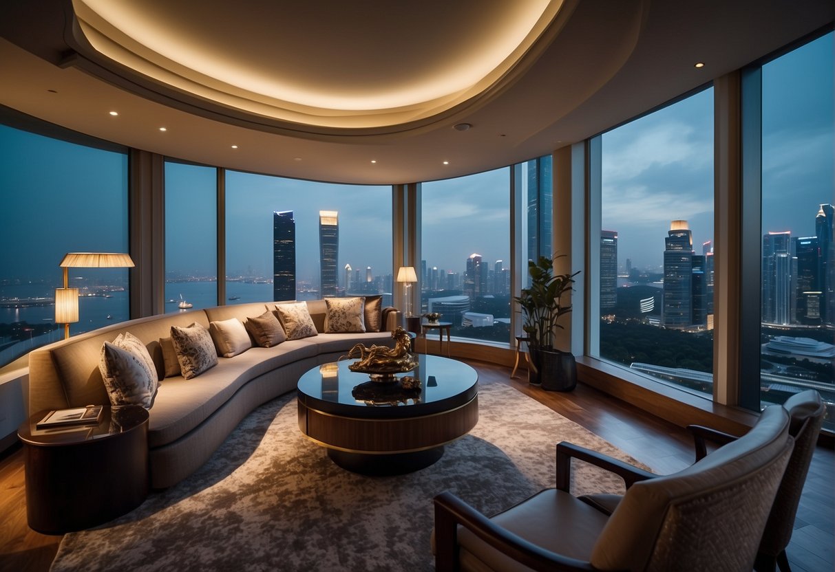 A luxurious hotel suite with a panoramic view of the Singapore skyline, adorned with elegant furnishings and a personalized welcome package