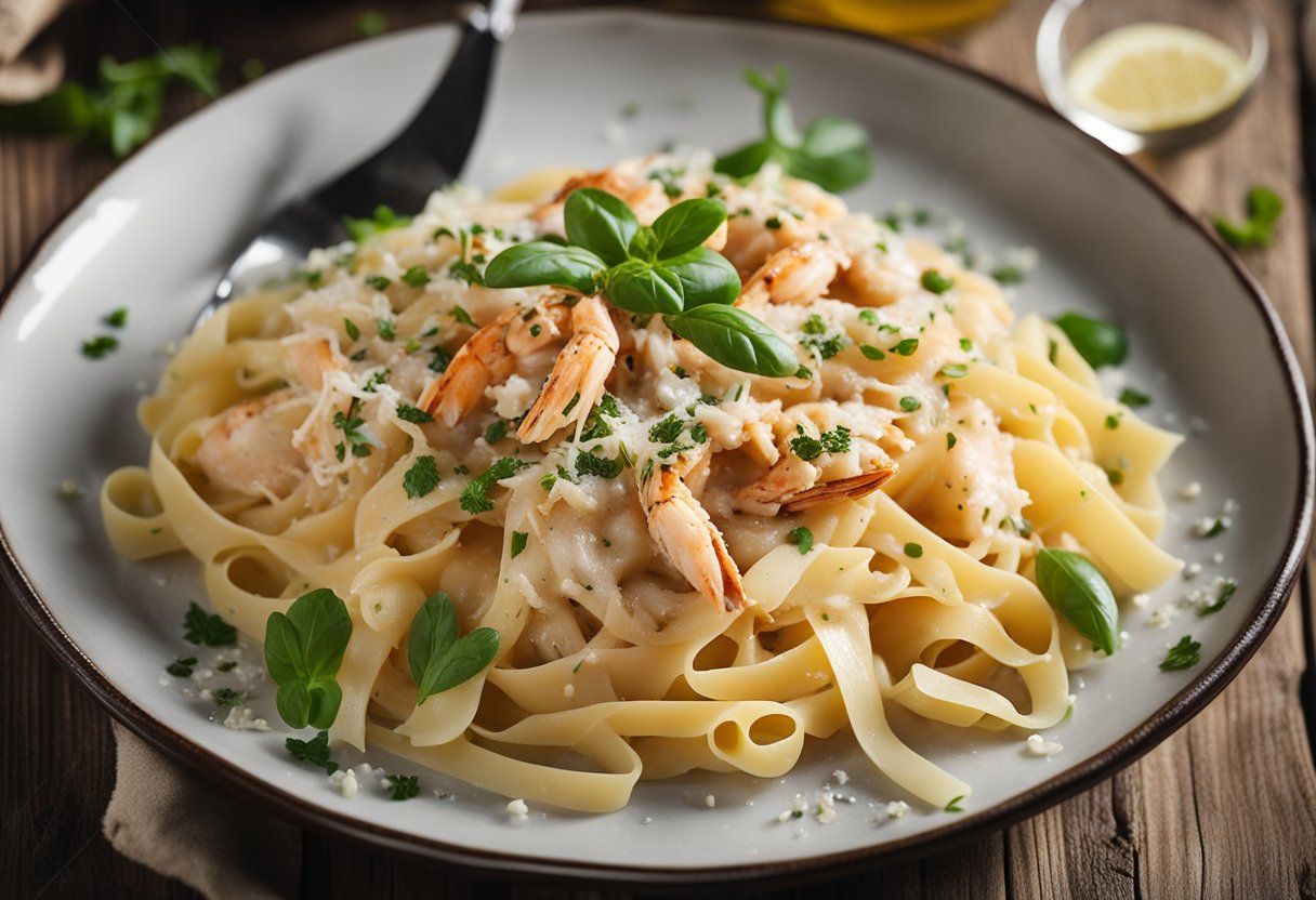 A steaming plate of crab meat pasta with a creamy sauce, garnished with fresh herbs and a sprinkle of parmesan cheese, sits on a rustic wooden table