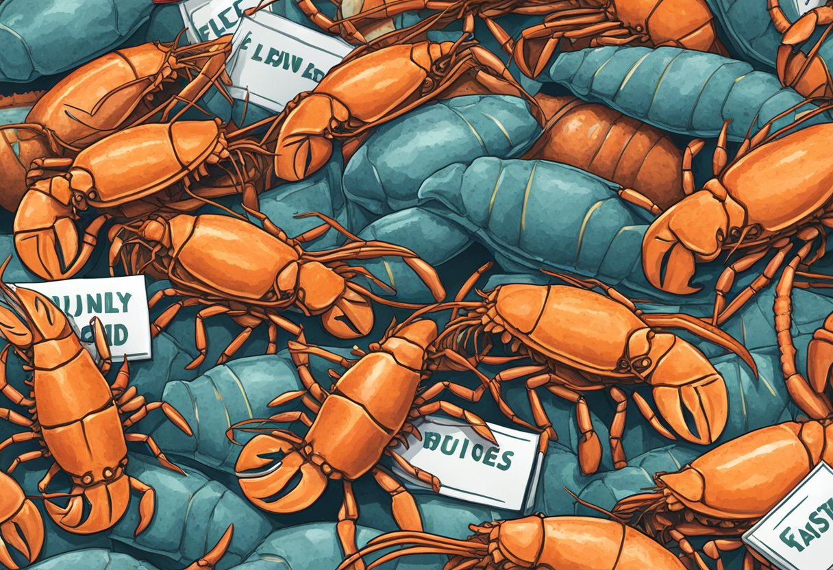 A pile of chunky lobsters with a "Frequently Asked Questions" sign nearby