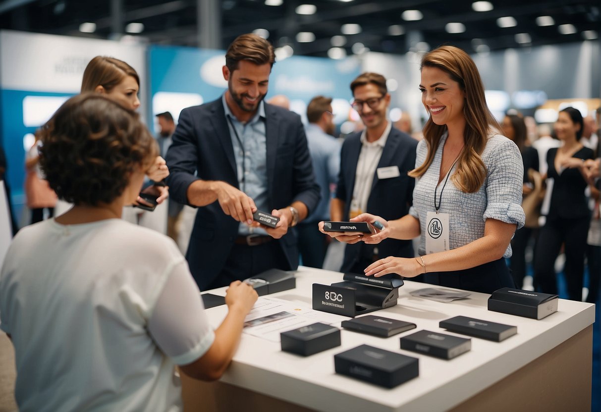 A group of people at a trade show booth, engaging with product samples and promotional materials featuring the company's logo and branding
