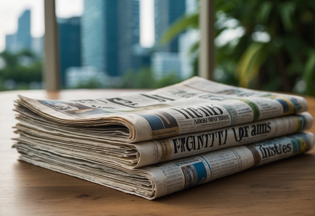 A stack of Straits Times newspapers with a prominent "Frequently Asked Questions" section, surrounded by promotional materials, set against a Singapore backdrop