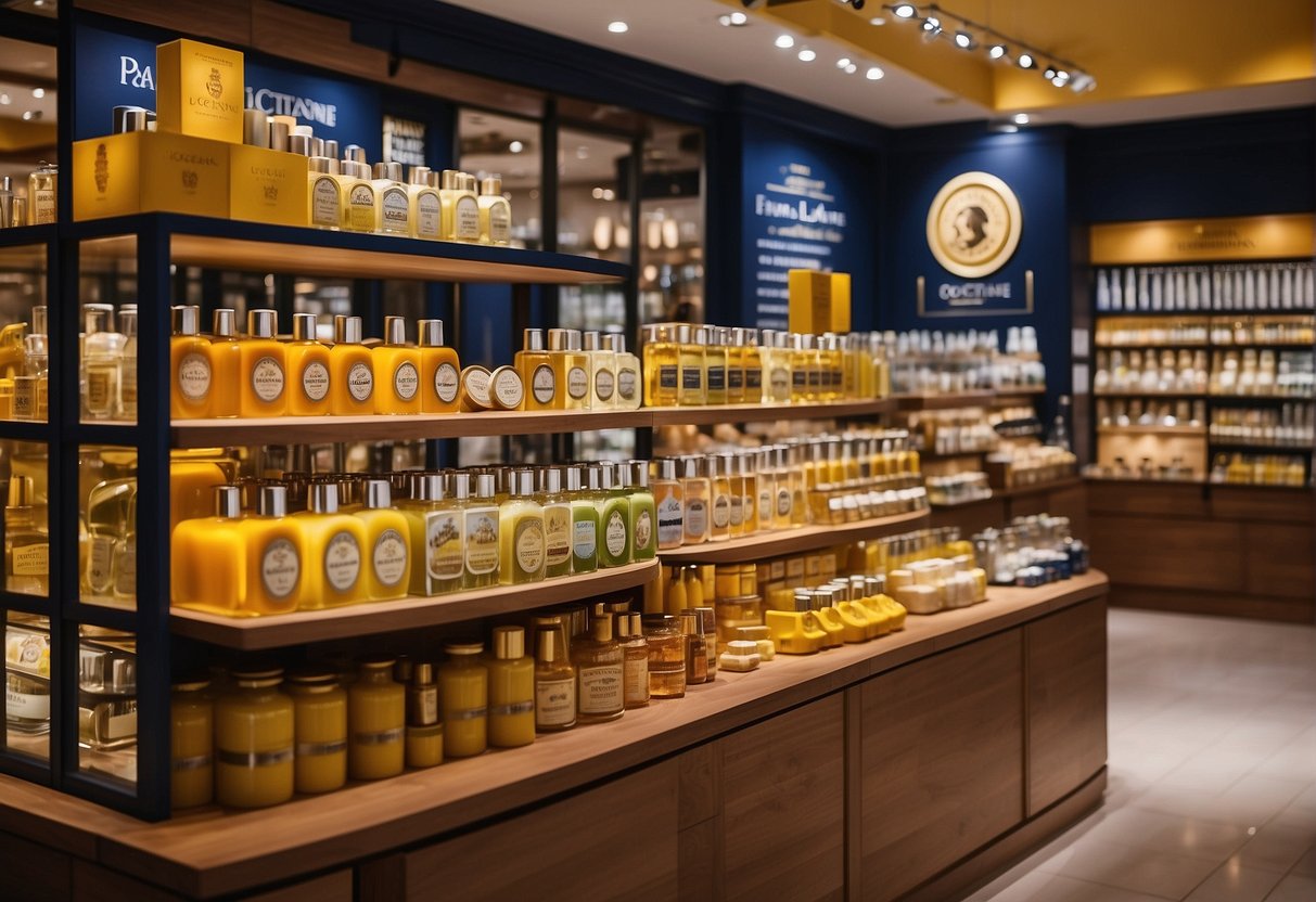 A vibrant display of L'Occitane products with promotional signage in a bustling Singapore store