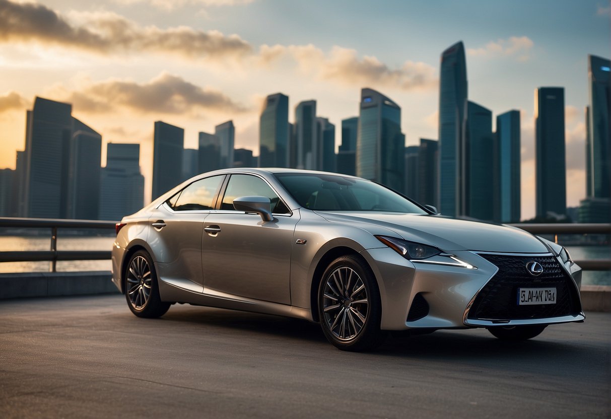 A sleek Lexus car parked in front of a vibrant Singapore skyline, with the iconic Marina Bay Sands in the background