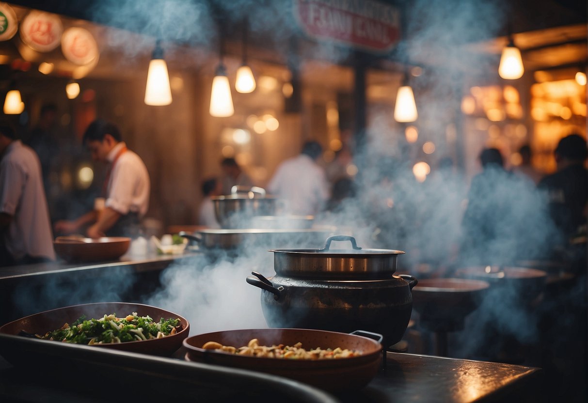 A bustling restaurant with colorful signage and aromatic steam rising from claypot dishes on tables