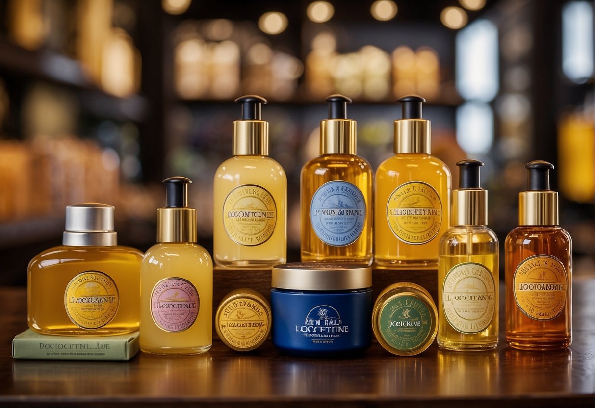 A vibrant display of L'Occitane products with promotional signage and discounts. Bright colors and enticing offers draw in customers