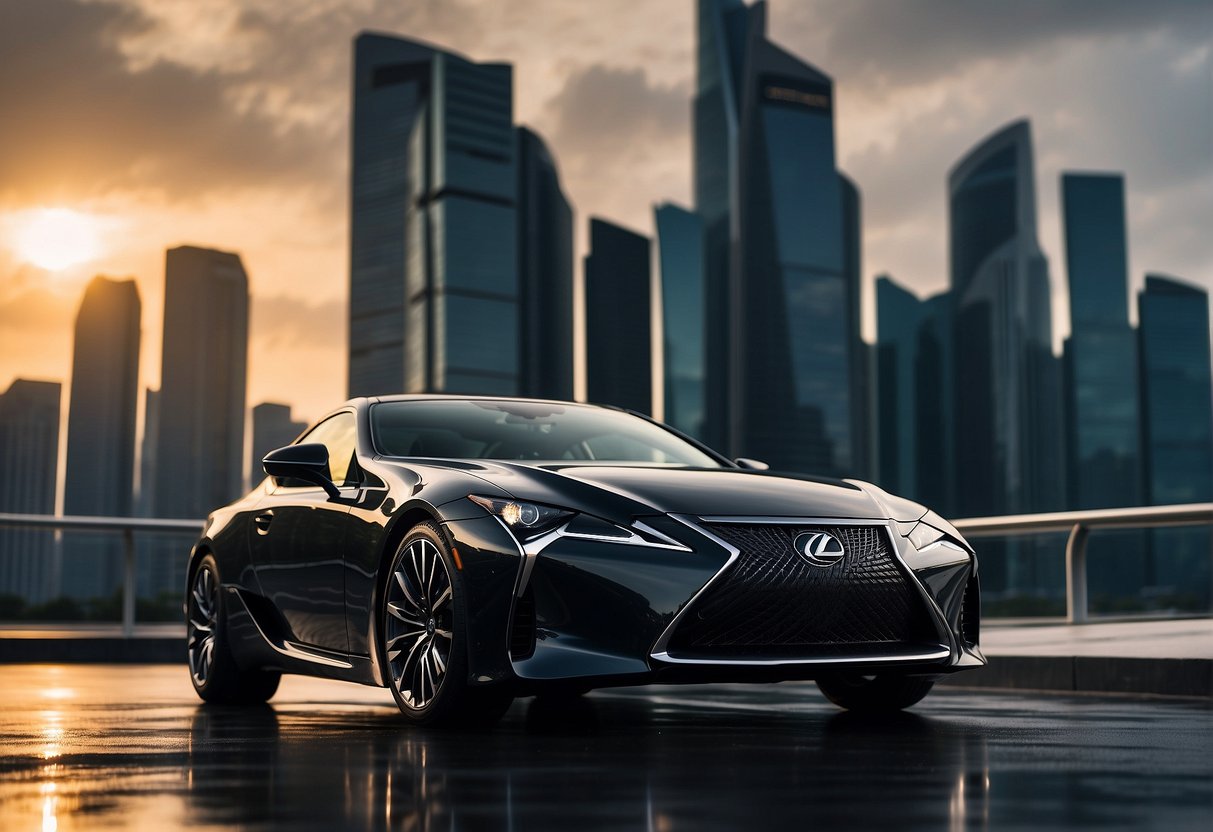 A sleek Lexus car parked in front of a Singaporean skyline, with promotional banners and logos displayed prominently