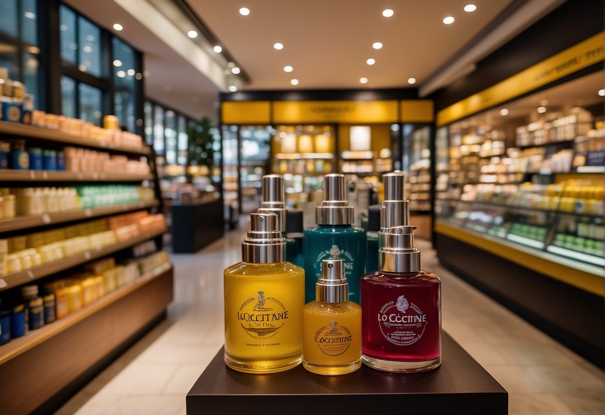 A vibrant display of L'Occitane products with "Limited-Time Promotions" signage in a bustling Singaporean storefront