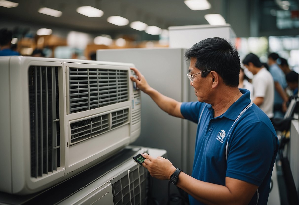 A customer exchanging an old air conditioner for a new one at a Singapore trade-in promotion