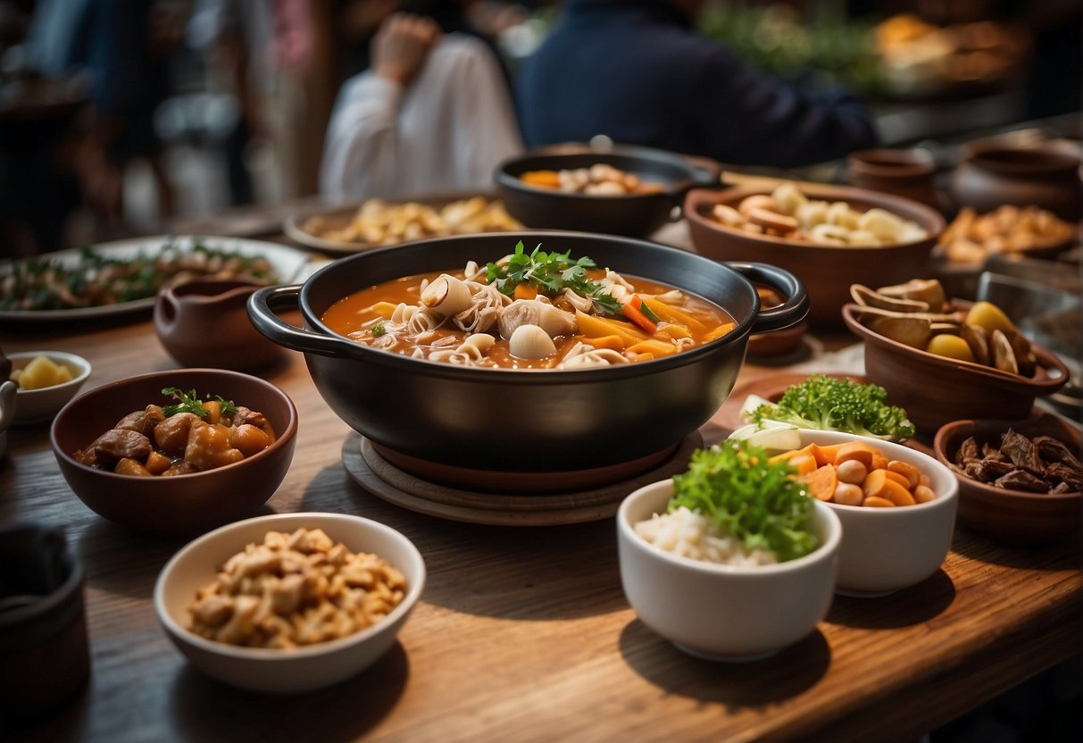 A table set with various claypot dishes, surrounded by eager customers, with a prominent sign advertising the "Epicurean Delights with Fresh Promotion" offer
