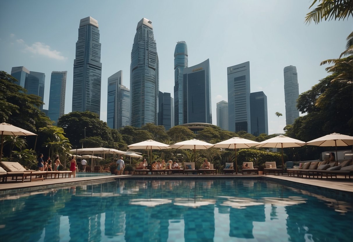 A vibrant swimming pool with a backdrop of the Singapore skyline, featuring a group of people enjoying a swim and promotional banners for the swimming club displayed prominently