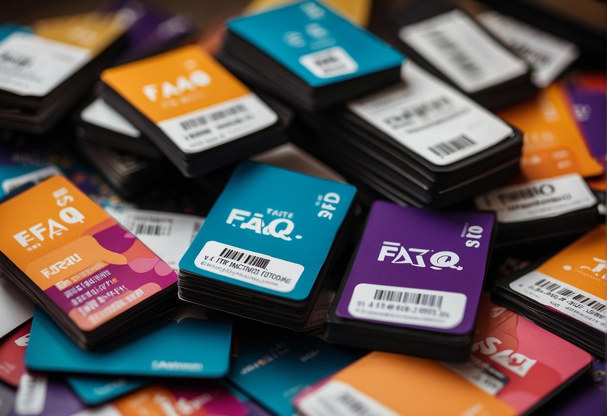 A stack of FAQ cards surrounded by promotional materials in a vibrant, bustling Singapore marketplace