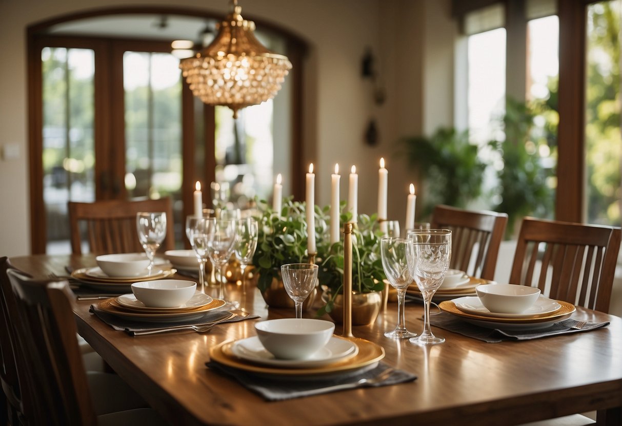 A dining table set with elegant dinnerware, surrounded by stylish chairs. A vibrant banner overhead advertises "Exciting Deals on Dining Room Essentials" in bold lettering