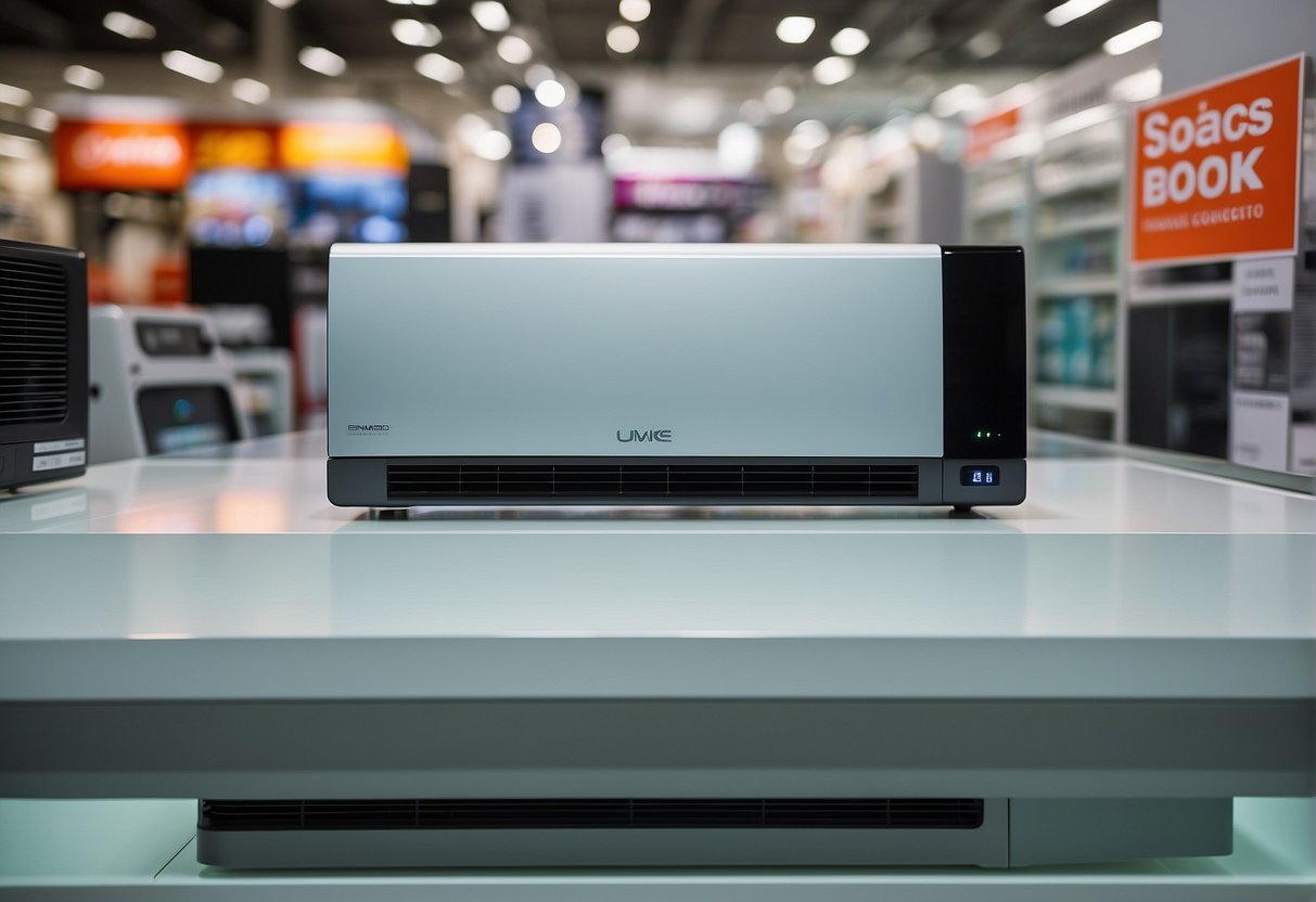 A sleek, modern air conditioner is being traded in for a newer model at a home appliance store in Singapore. Bright promotional signs advertise the latest deals