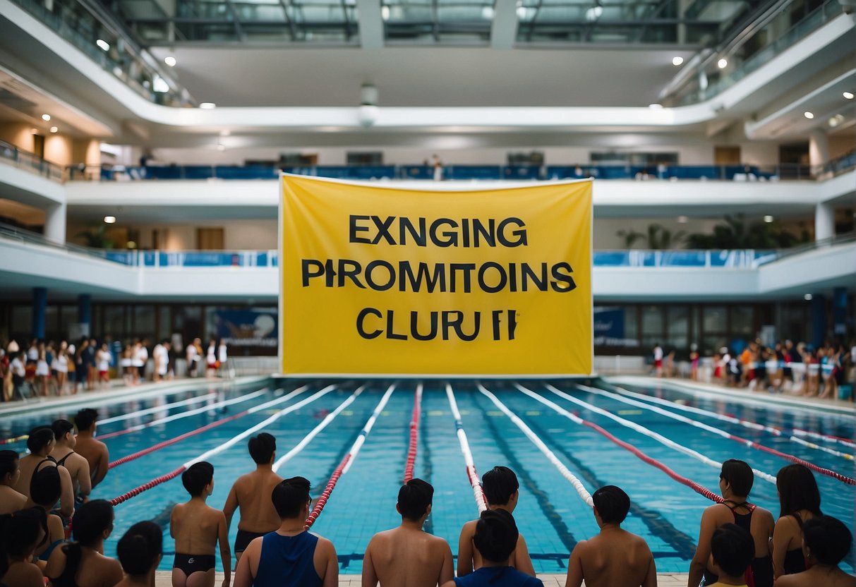 A vibrant swimming pool with banners advertising "Exciting 2024 Promotions" for a Singapore swimming club. The pool is filled with enthusiastic swimmers and surrounded by cheering spectators